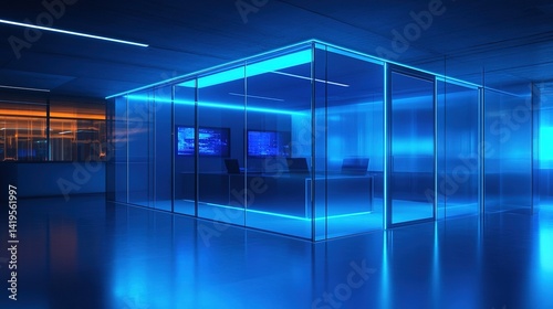 A futuristic office with transparent glass walls and holographic displays illuminated by neon blue light  a super detailed 3D isometric view of a cyberpunk aesthetic.