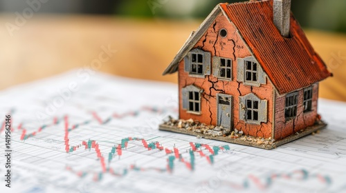 US housing market crash with cracked homes and falling graphs