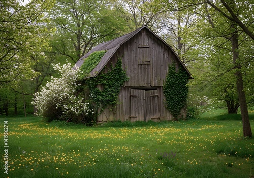 A weathered barn stands in a vibrant spring meadow, enveloped by climbing vines and surrounded by flowering trees. The landscape is alive with fresh greenery and blossoms