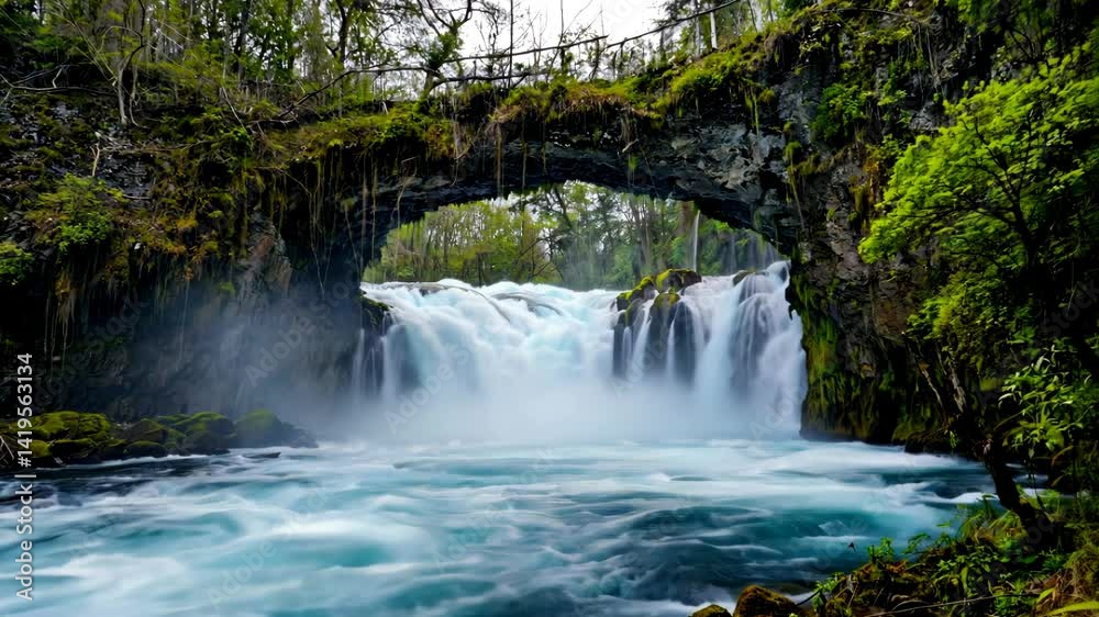 Turquoise Waterfalls Cascade Beneath Stone Archway in Lush Green Forest Turquoise Waterfalls Cascade Beneath Stone Archway in Lush Green Forest