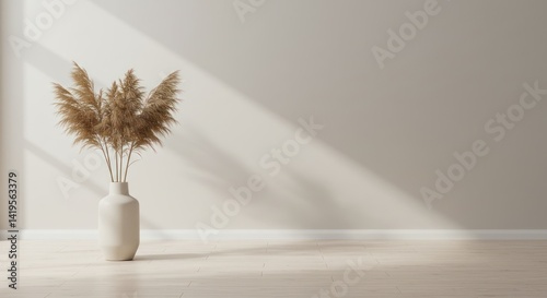 Pampas grass in vase against wall with light and shadow indoor setting.