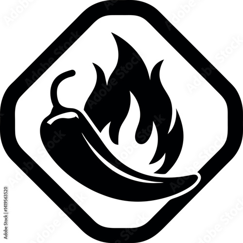 Black and White Silhouette of Fiery Chili Pepper Icon in a Diamond Shaped