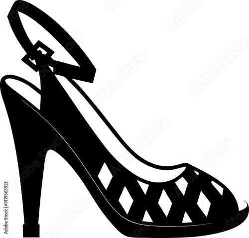 Black High Heel Sandal Silhouette with Ankle Strap and Diamond CutOuts Design