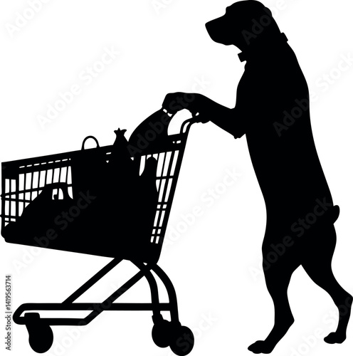 Black Silhouette of a Dog Pushing a Shopping Cart Full of Groceries Items Isolated