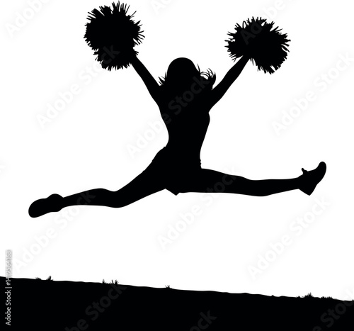 Cheerleader Silhouette, Splits Position with Pompoms in Hand, Isolated on White