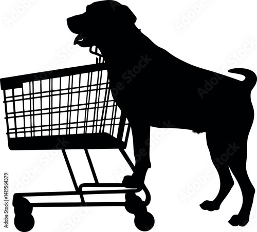 Dog Silhouette with Shopping Cart, Mammal Black Shape, Animal Pet on White Background