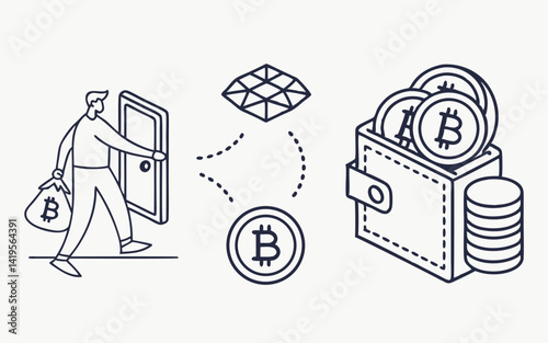 Man entering a Bitcoin gateway with cryptocurrency and diamond assets	