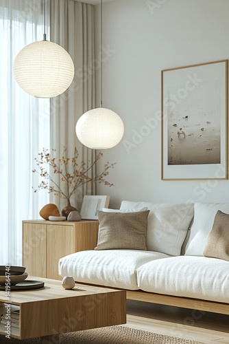 Minimalist interior design in living room with white sofa and wood cabinet and pendant lighting. Generative AI
