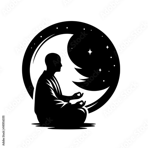 Meditating silhouette against a moonlit night background  