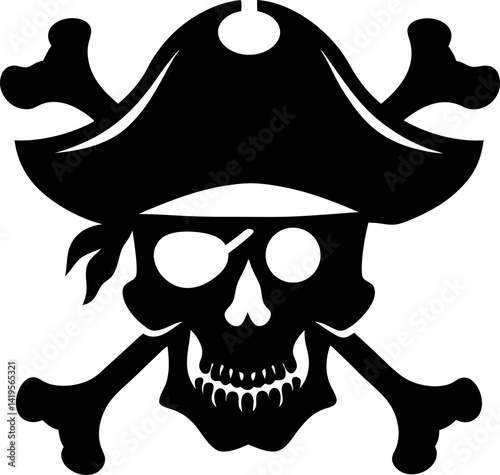 Pirate Skull with Crossbones, Black Silhouette, Eye Patch, Tricorne Hat, Bones Isolated