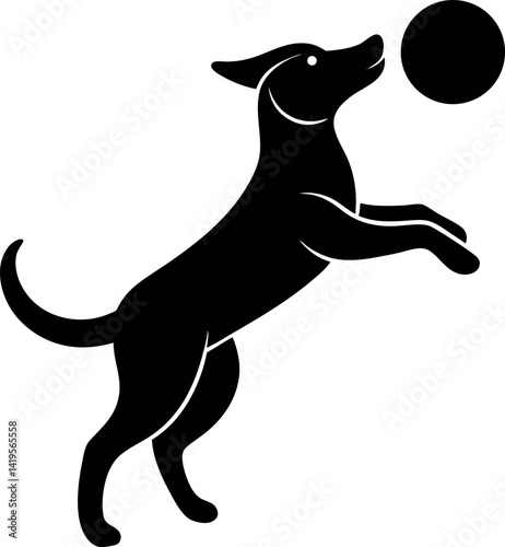 Silhouette Energetic Black Dog Leaping for Ball, Minimalist Design on White Background