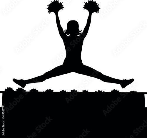 Silhouette of a Cheerleader MidJump with PomPoms, Arms Raised, Legs Split