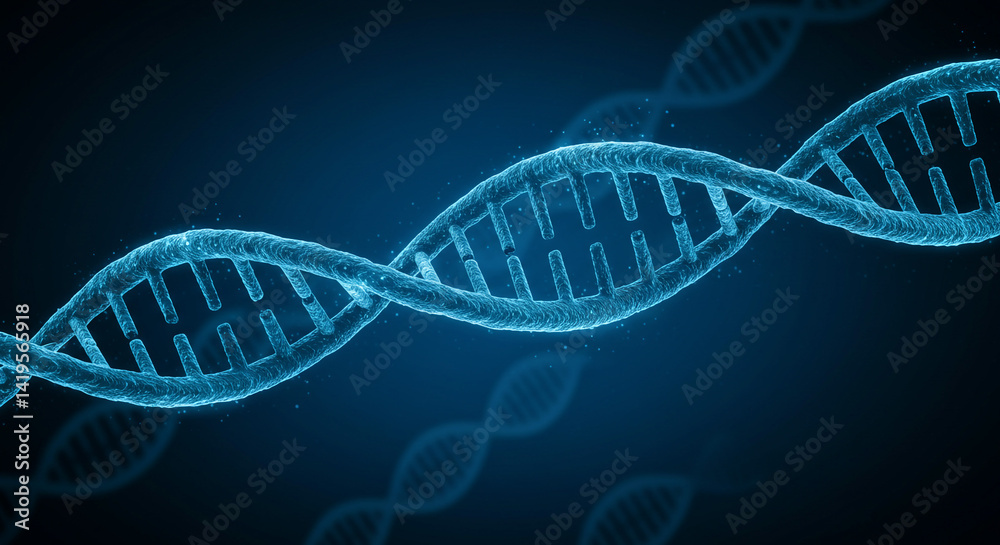 Illuminated dna double helix structure against a dark blue background displaying genetic information Illuminated dna double helix structure against a dark blue background displaying genetic information