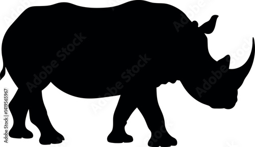 Silhouette of a Rhino Standing, Isolated on White Background, Single African Animal