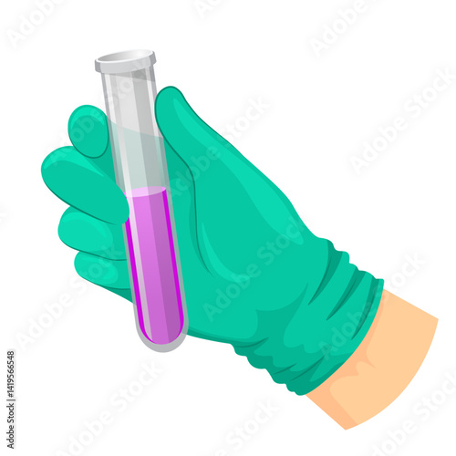 hand in green glove holds test tube with purple liquid