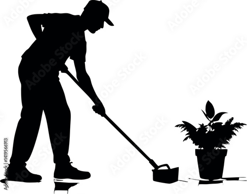 Silhouette of Man Gardening, Tending to Plants with a Hoe, Black and White, Isolated