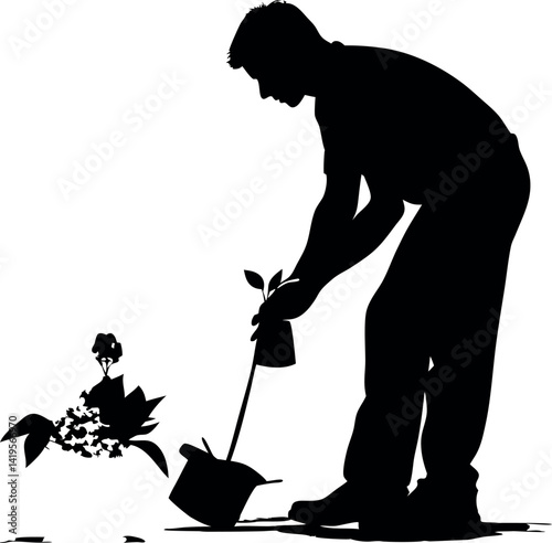 Silhouette of Man Planting Sapling; Black and White Illustration; Gardening Activity