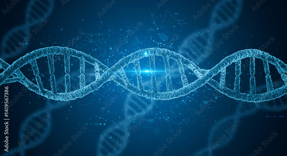 A digitally rendered dna double helix structure illuminated against a blue gradient background space A digitally rendered dna double helix structure illuminated against a blue gradient background space