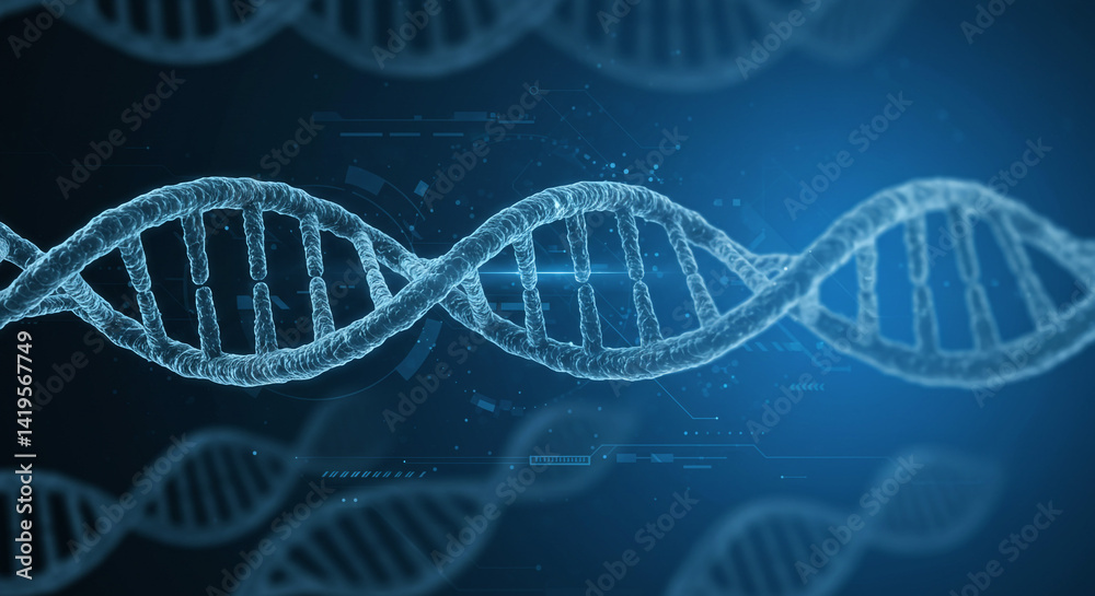 A close up of multiple dna strands with a blue background and a bright light shining on the structure A close up of multiple dna strands with a blue background and a bright light shining on the structure