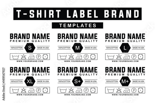 Editable T-Shirt Label Template Pack. Clothing Tags with Brand Name, Size Variants, and Care Icons. Vector Set for Apparel Design