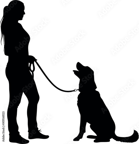 Woman & Dog Silhouette. Female holding leash, Standing Black silhouette profile