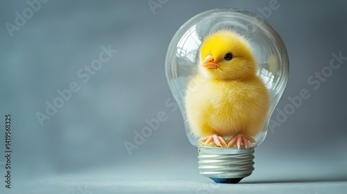 Chick in lightbulb, studio shot, grey background, idea concept