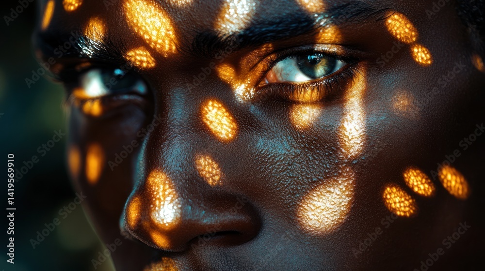 Close-up of a face with emotional expression, dramatic light and shadow pattern on skin Close-up of a face with emotional expression, dramatic light and shadow pattern on skin