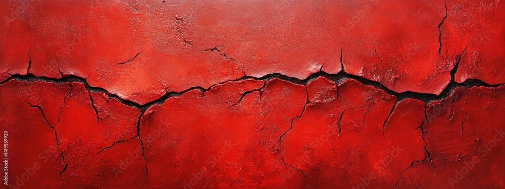 Obraz premium A textured artwork of red surface exhibiting a dark jagged fissure