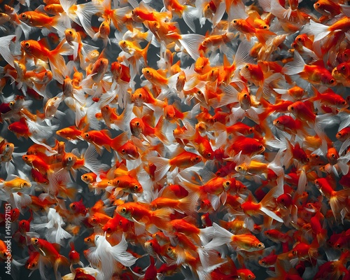 Dense school of vibrant orange and white goldfish. photo