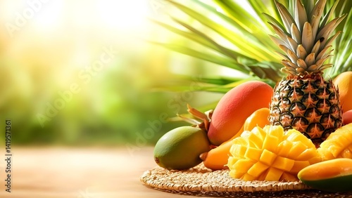 Fototapeta Naklejka Na Ścianę i Meble -  A variety of tropical fruits including pineapple, mangoes, and other colorful fruits arranged on a woven mat. Concept Tropical Fruit Display, Pineapple and Mangoes, Colorful Fruit Arrangement
