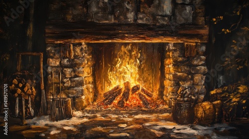 Warm fireplace with burning logs and tools illustration
