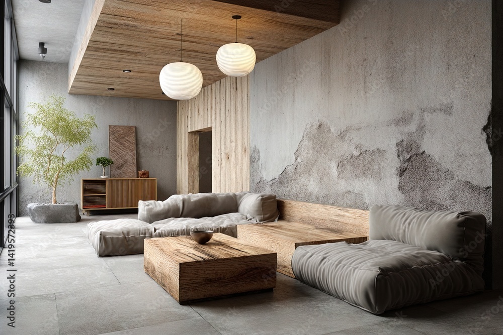 A minimalist interior design of a residential living room with grayed-out walls and a sofa and coffee table in view. Generative AI