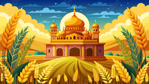 Very beautiful Golden temple and wheat field landscape with happy baisakhi greeting in the sky above the field