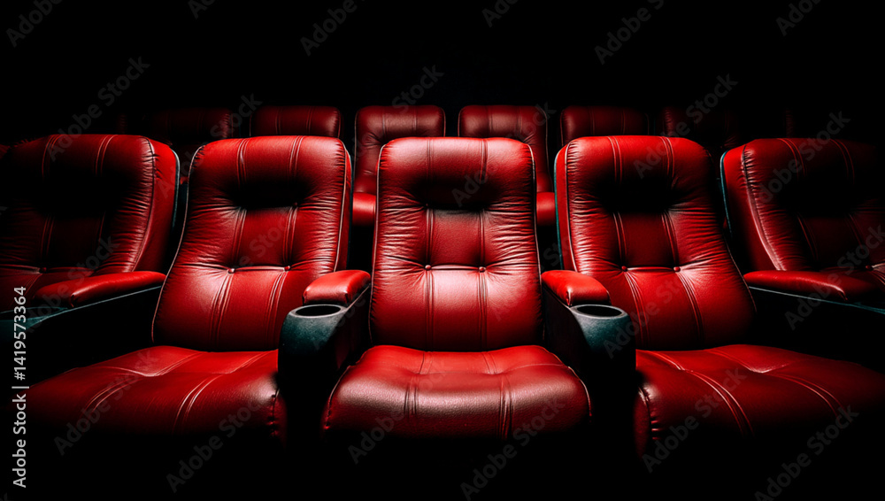 Front view of red empty theater seats with dim lighting, showcasing the luxurious, modern design and ambiance of the cinema