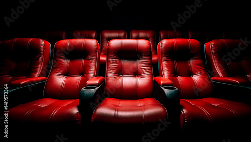 Obraz na płótnie Front view of red empty theater seats with dim lighting, showcasing the luxurious, modern design and ambiance of the cinema w salonie