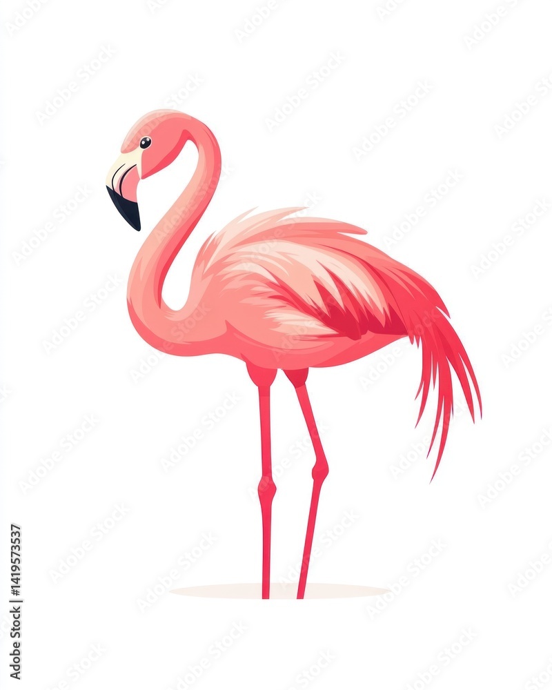 A pink flamingo stands gracefully on a white clean background A pink flamingo stands gracefully on a white clean background