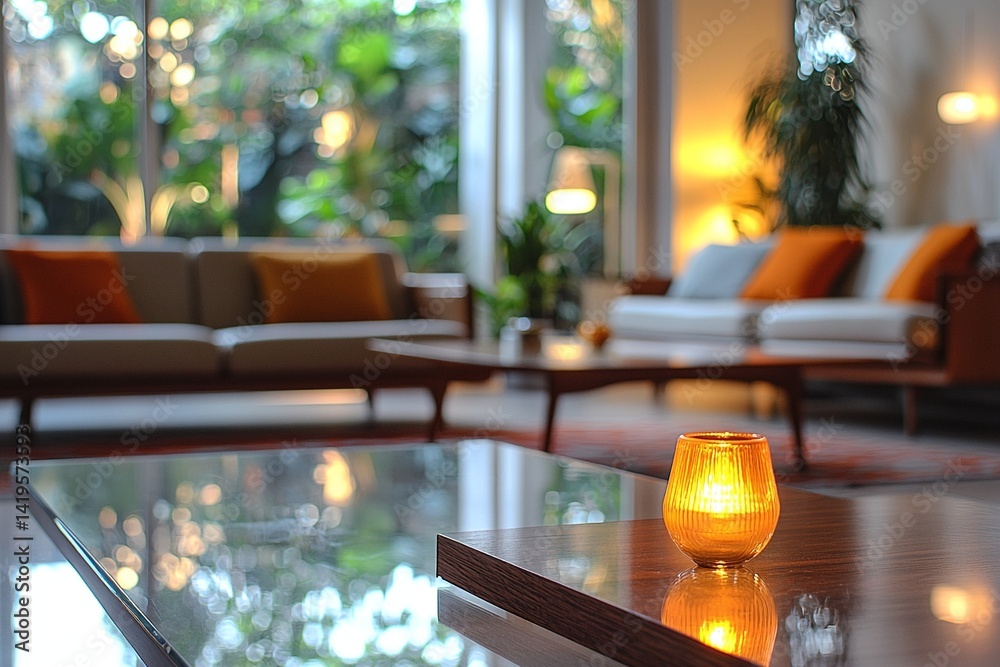A close-up shot of lighting on a table in the living room of a minimalist interior house. Generative AI