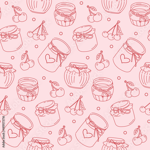Pattern with coquette vintage tableware for cherry jam, and bows. Pink delicate background for kitchen, invitation, wallpaper design, scrapbook. Vector background with glass jars in doodle style.