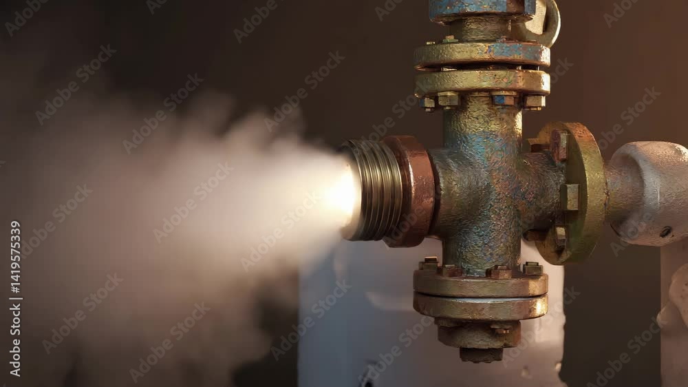 This image captures the moment of an invisible gas leak from a rusty valve under dim light, highlighting safety risks in an industrial environment.