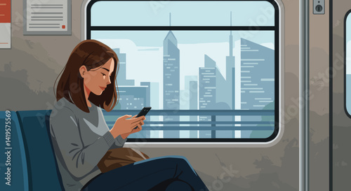 Woman Using Phone on Train