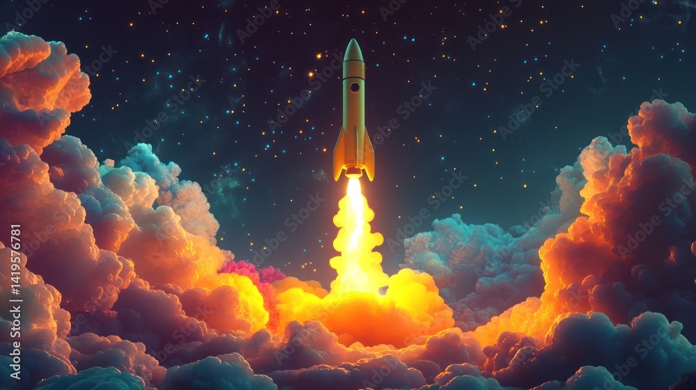 Obraz premium Colorful launch scene with lime green cartoon rocket and dreamy fire trail