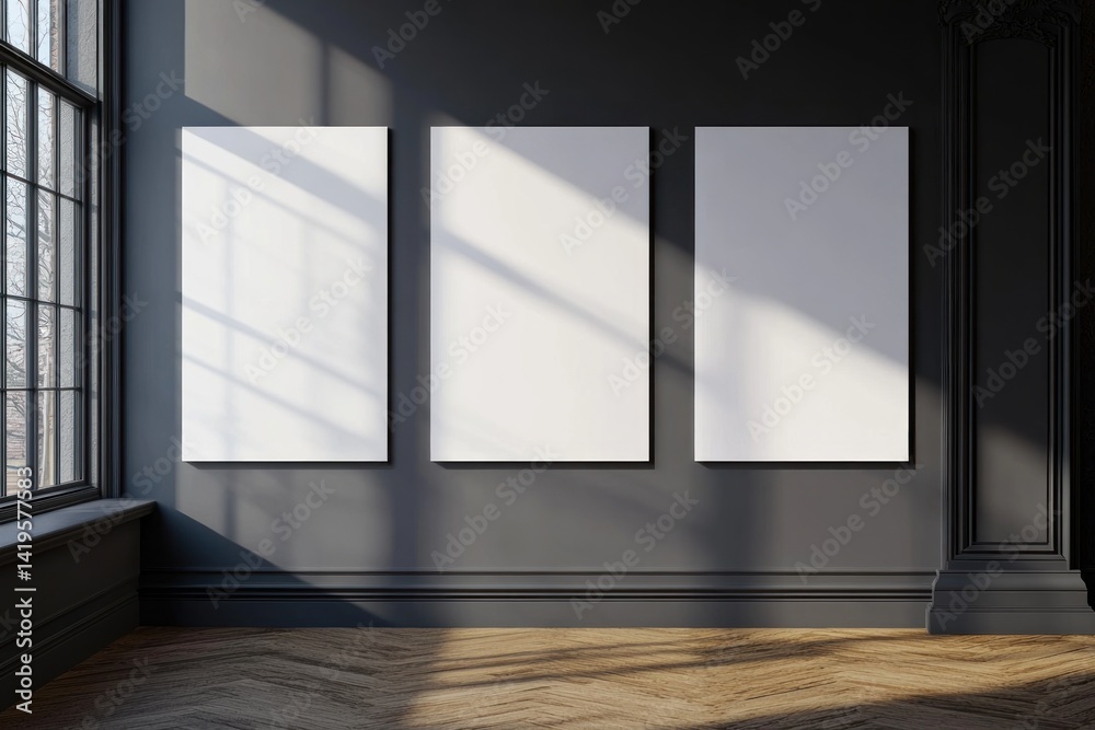 Fototapeta premium Three blank white canvas art pieces in an interior space setting