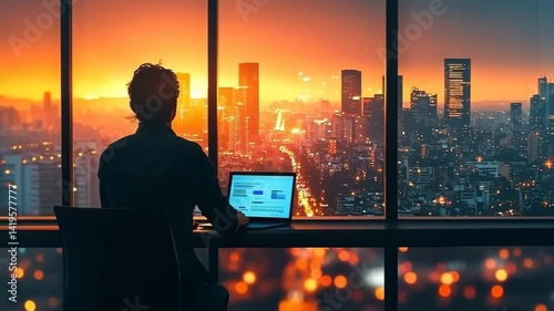 Business employee working late in a glowing urban workspace