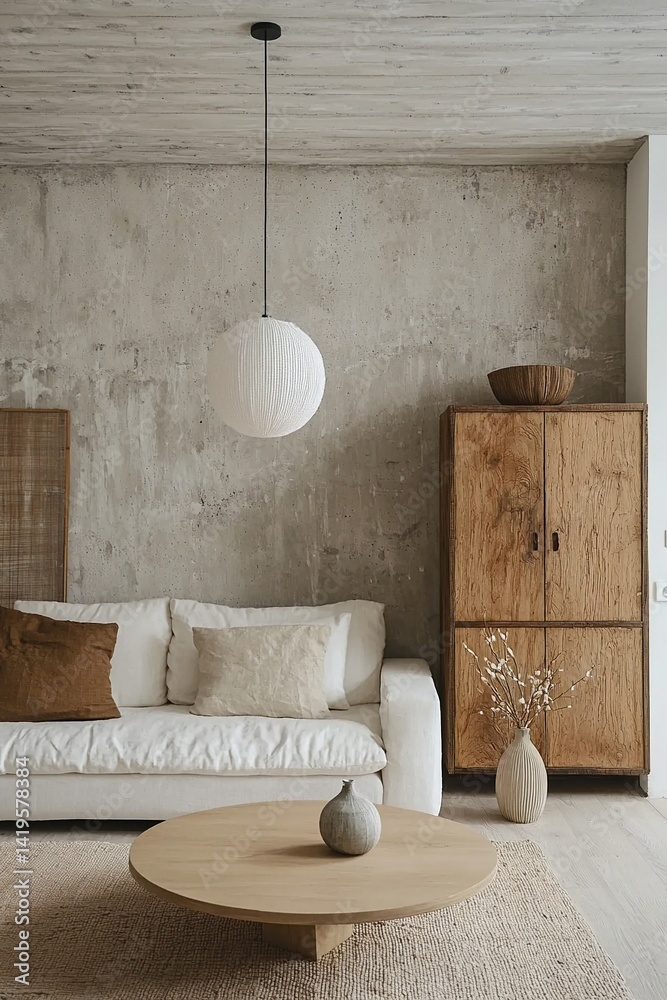 Minimalist, interior design of residential living room with white sofa and wood cabinet. Generative AI