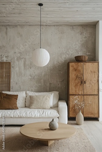 Obraz na płótnie Minimalist, interior design of residential living room with white sofa and wood cabinet. Generative AI
w salonie