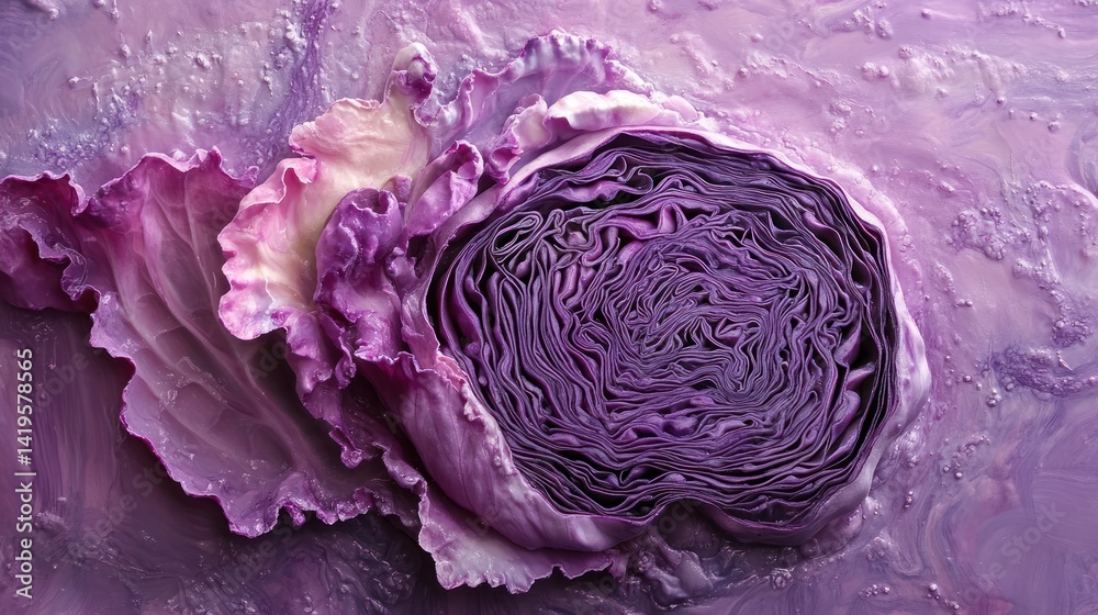 Obraz premium Cross-section of red cabbage flying, detailed purple texture