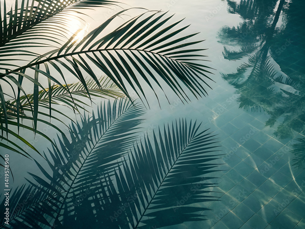 Naklejka premium Palm Fronds Over Water with Reflections Creating a Tropical Vibe