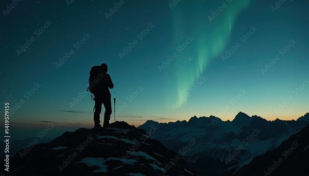 A hiker standing on a mountaintop, gazing at the breathtaking Aurora Borealis stretching across the sky. The hiker is silhouetted against the vibrant lights of the aurora, A hiker standing on a mountaintop, gazing at the breathtaking Aurora Borealis stretching across the sky. The hiker is silhouetted against the vibrant lights of the aurora,