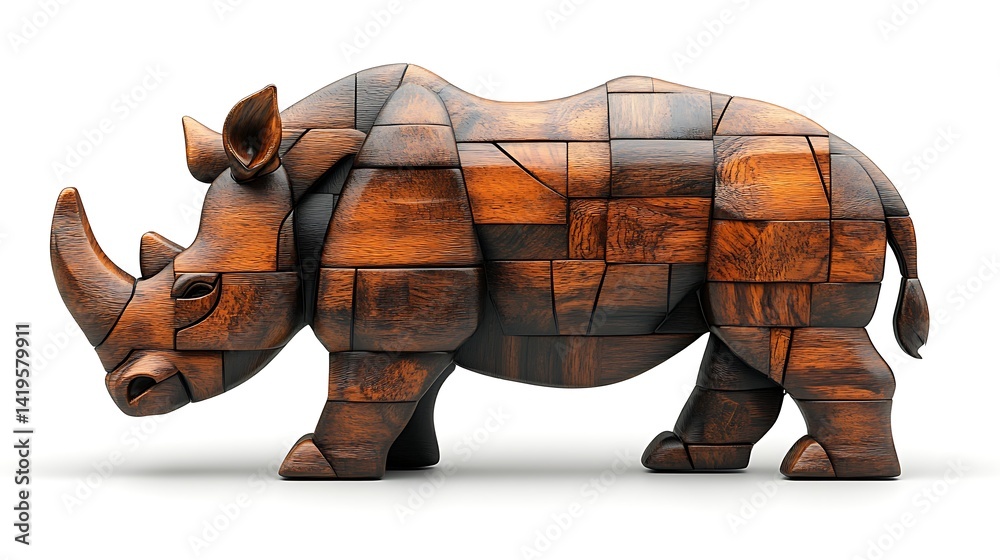 Bold wooden rhino statue with angular shapes high resolution photo Bold wooden rhino statue with angular shapes high resolution photo
