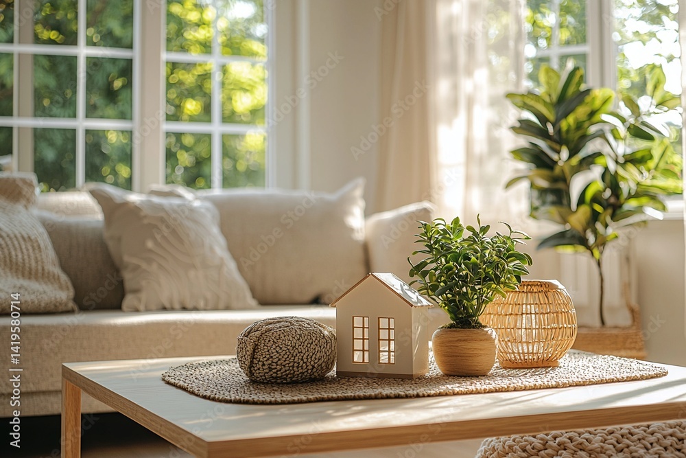 A close-up shot of a house-shaped miniature on a coffee table in the living room of a house. Generative AI
